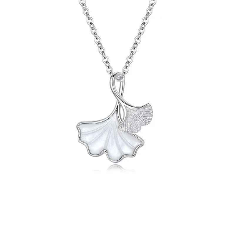 Sculptural Ginkgo Shell-Inlay 925 Sterling Silver Necklace - Silver