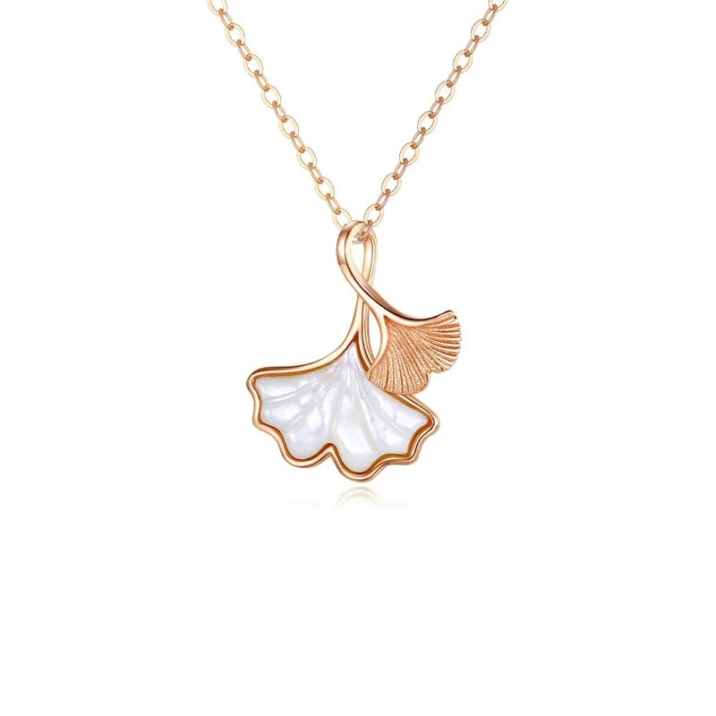 Sculptural Ginkgo Shell-Inlay 925 Sterling Silver Necklace - Rose Gold