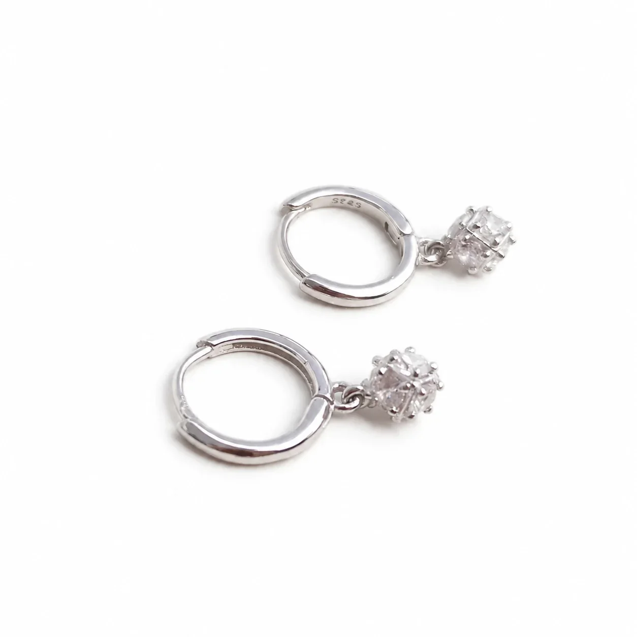 Petite 925 Sterling Silver Prong-Set CZ Drop Hoop Earrings - Silver