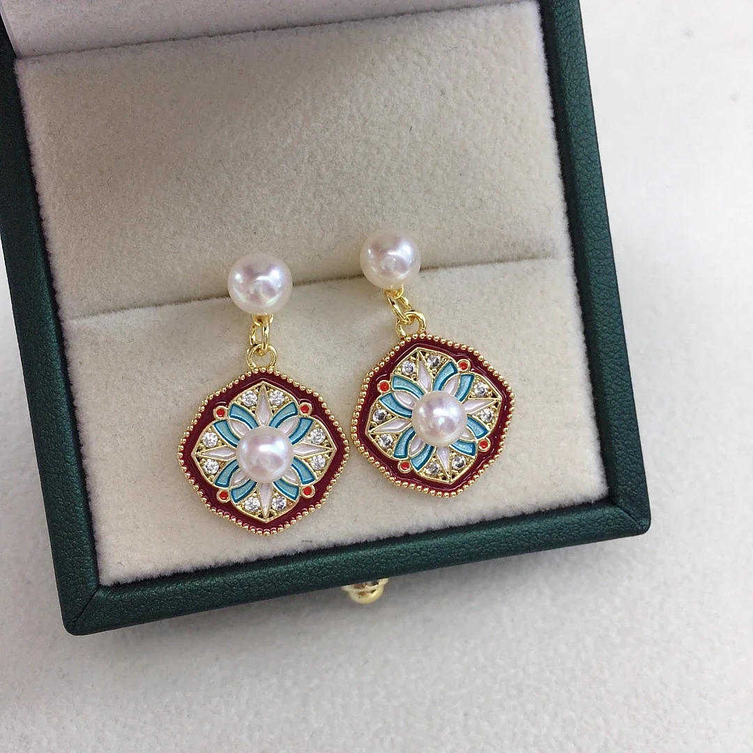 Ornate Gold-Plated Enamel Medallion Freshwater Pearl Earrings