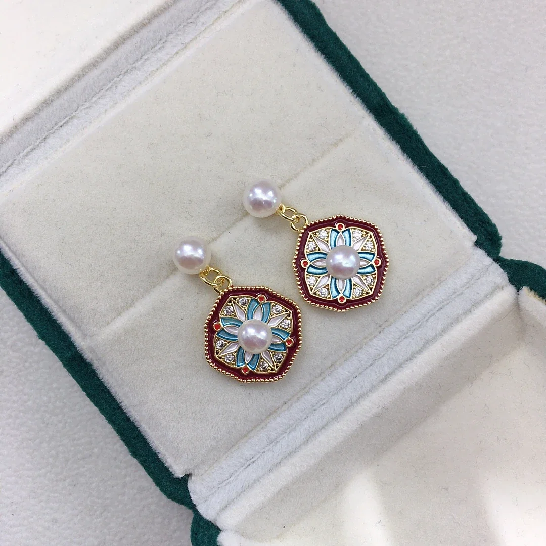 Ornate Gold-Plated Enamel Medallion Freshwater Pearl Earrings