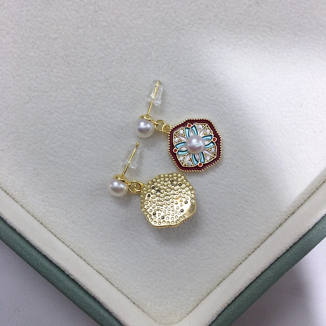 Ornate Gold-Plated Enamel Medallion Freshwater Pearl Earrings