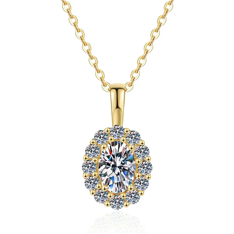 Opulent Gold-Plated Oval Halo 925 Sterling Silver Necklace