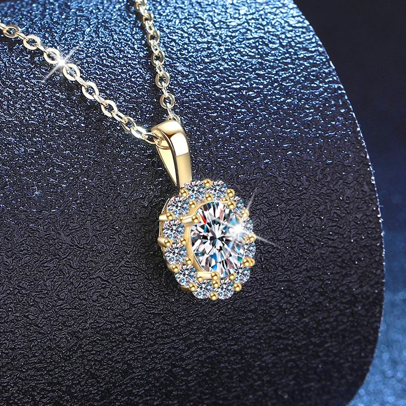 Opulent Gold-Plated Oval Halo 925 Sterling Silver Necklace - Gold Clear Moissanite
