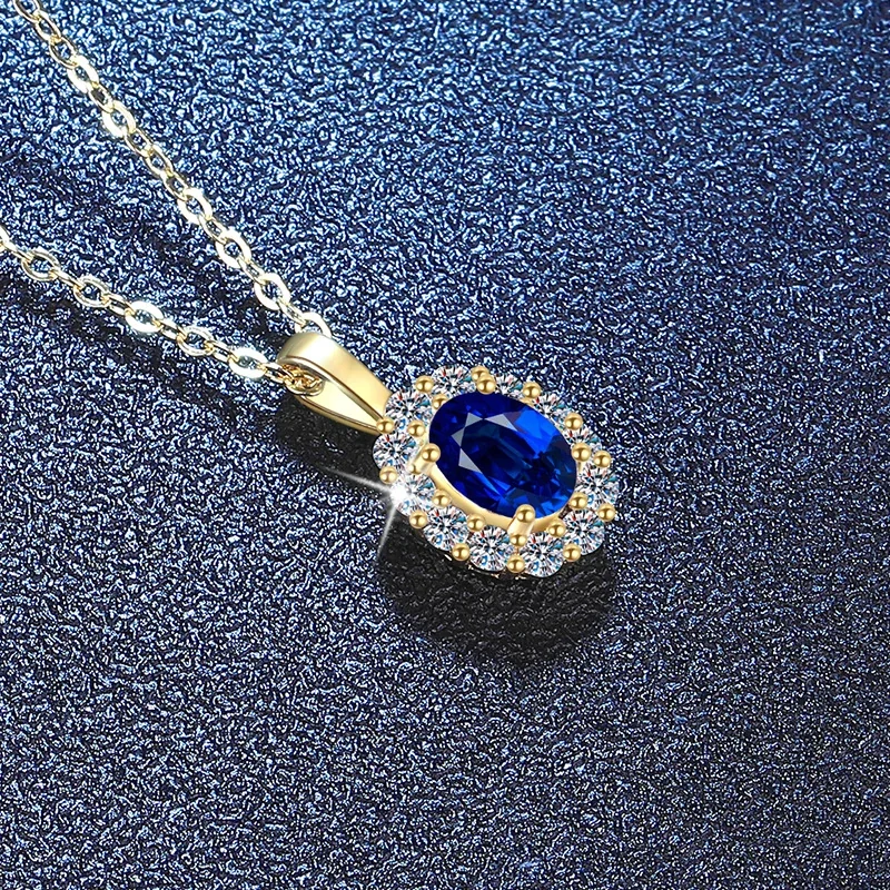 Opulent Gold-Plated Oval Halo 925 Sterling Silver Necklace - Gold Blue Lab-Grown Sapphire