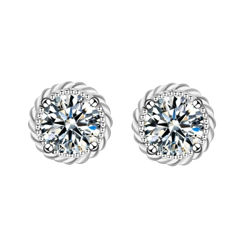 Ornate 925 Sterling Silver Round Twisted Halo Moissanite Stud Earrings