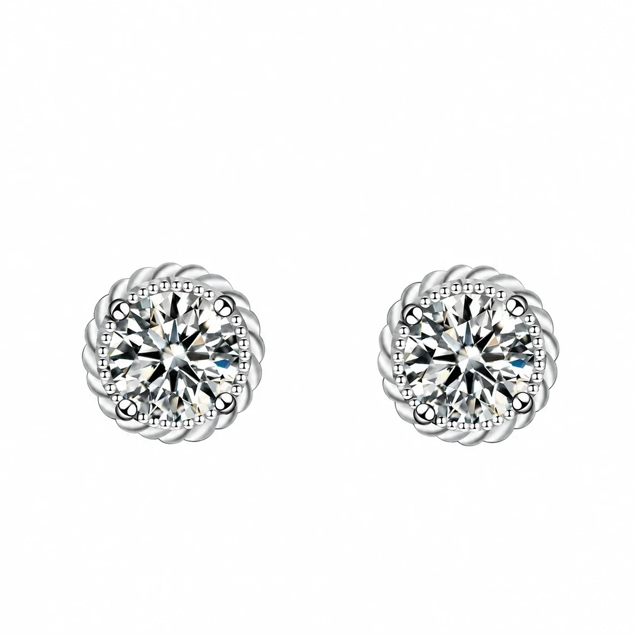 Ornate 925 Sterling Silver Round Twisted Halo Stud Earrings