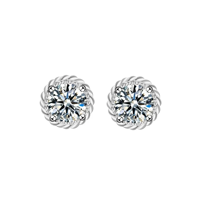 Ornate 925 Sterling Silver Round Twisted Halo Stud Earrings - 0.5 ct Moissanite, Silver
