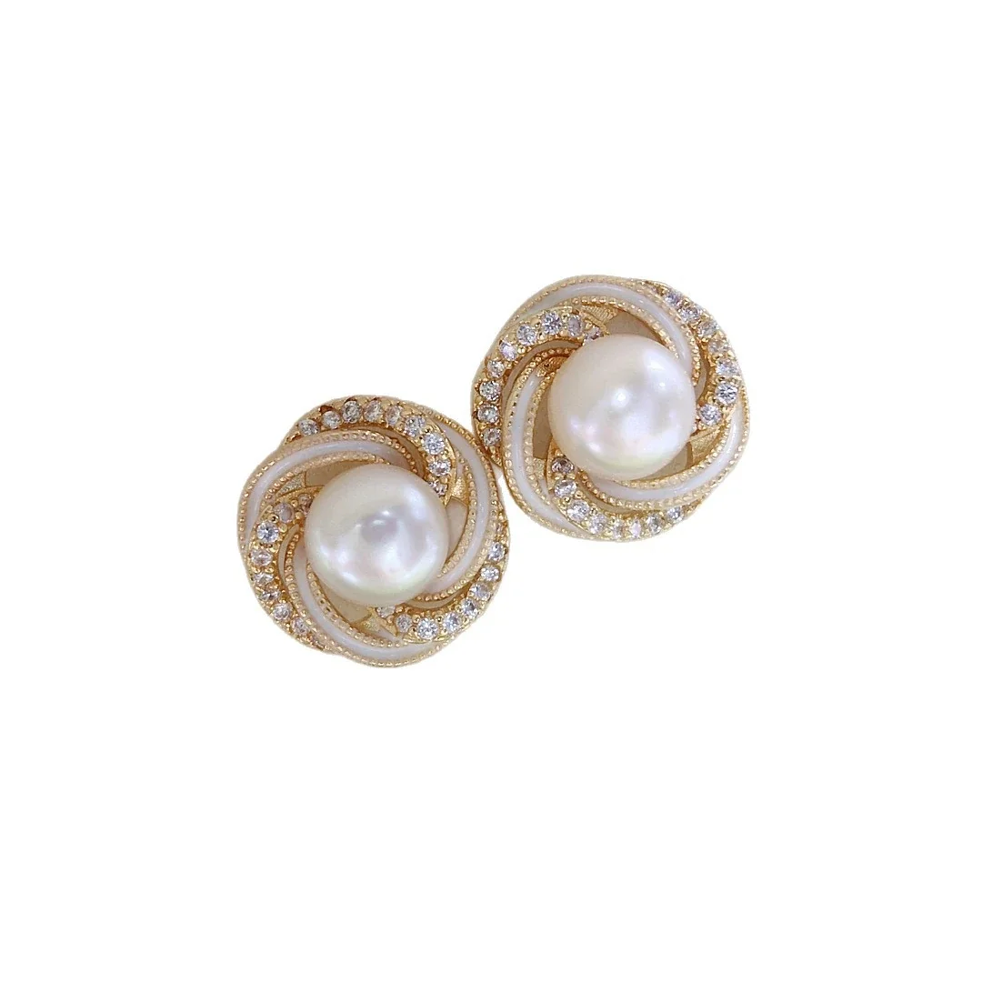 Ornate Gold-Plated Swirl Pavé Freshwater Pearl Stud Earrings