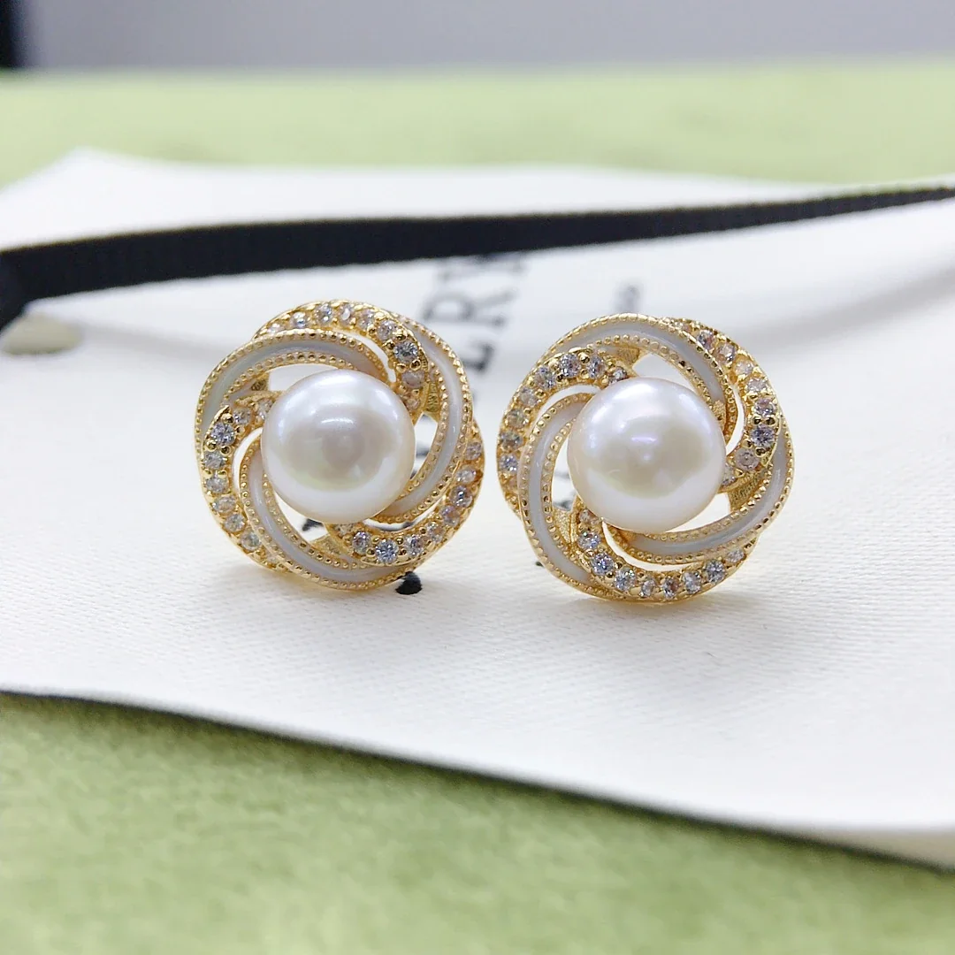 Ornate Gold-Plated Swirl Pavé Freshwater Pearl Stud Earrings