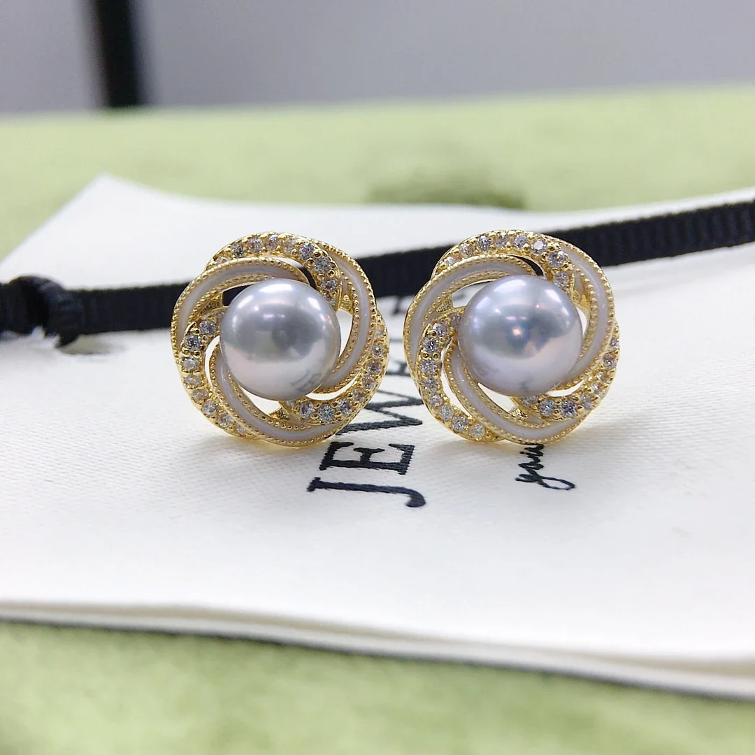 Ornate Gold-Plated Swirl Pavé Freshwater Pearl Stud Earrings