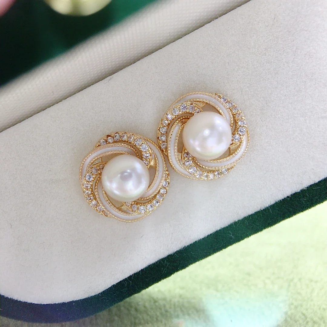 Ornate Gold-Plated Swirl Pavé Freshwater Pearl Stud Earrings