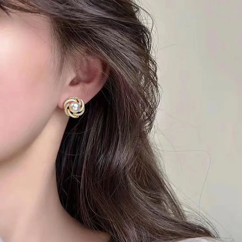 Ornate Gold-Plated Swirl Pavé Freshwater Pearl Stud Earrings