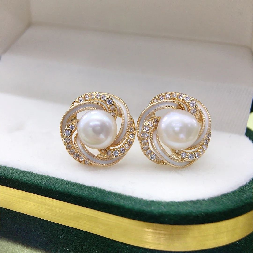 Ornate Gold-Plated Swirl Pavé Freshwater Pearl Stud Earrings - White