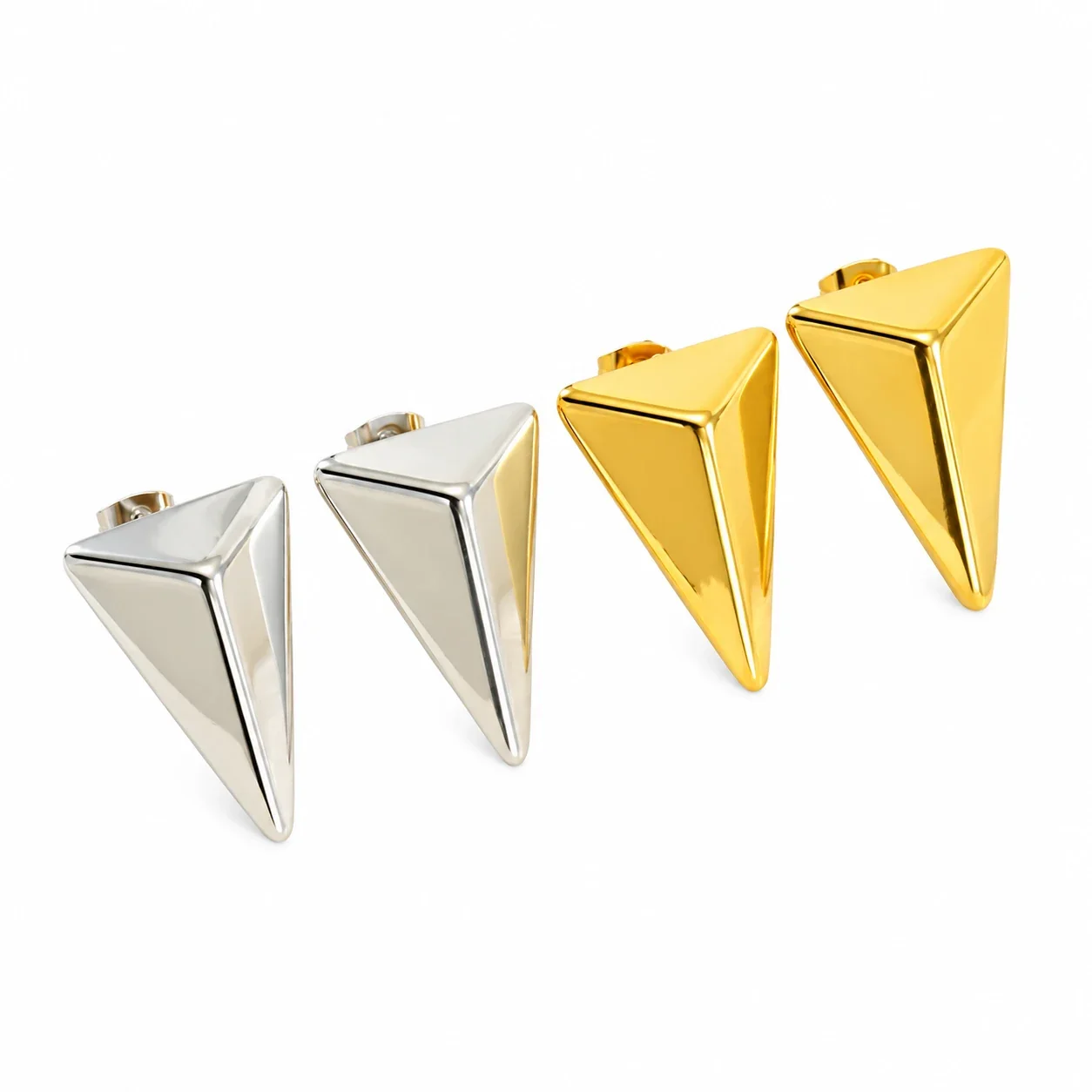 Sculptural Stainless Steel Faceted Triangle Stud Earrings