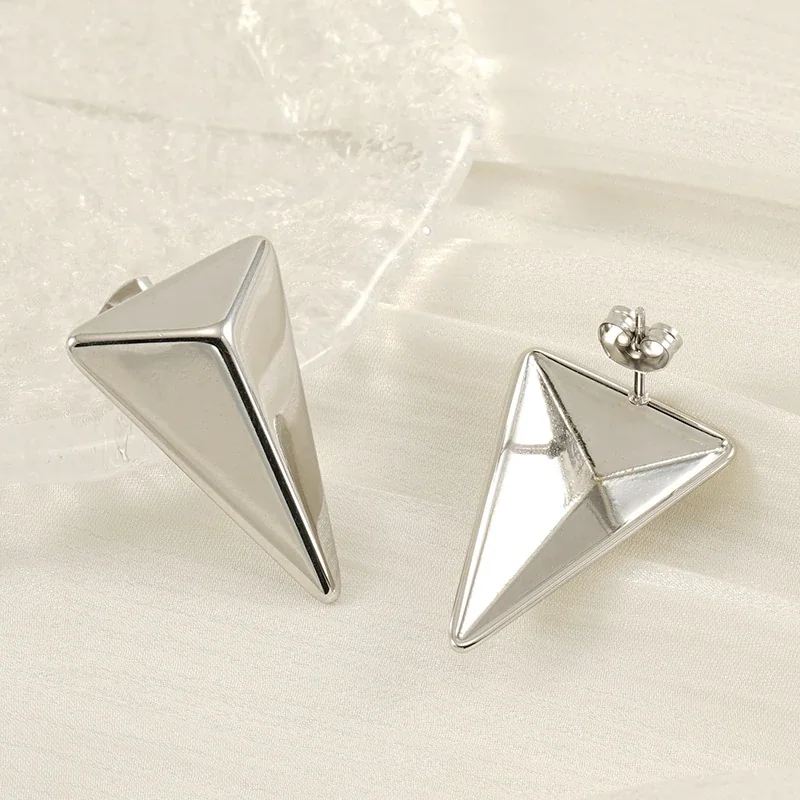 Sculptural Stainless Steel Faceted Triangle Stud Earrings