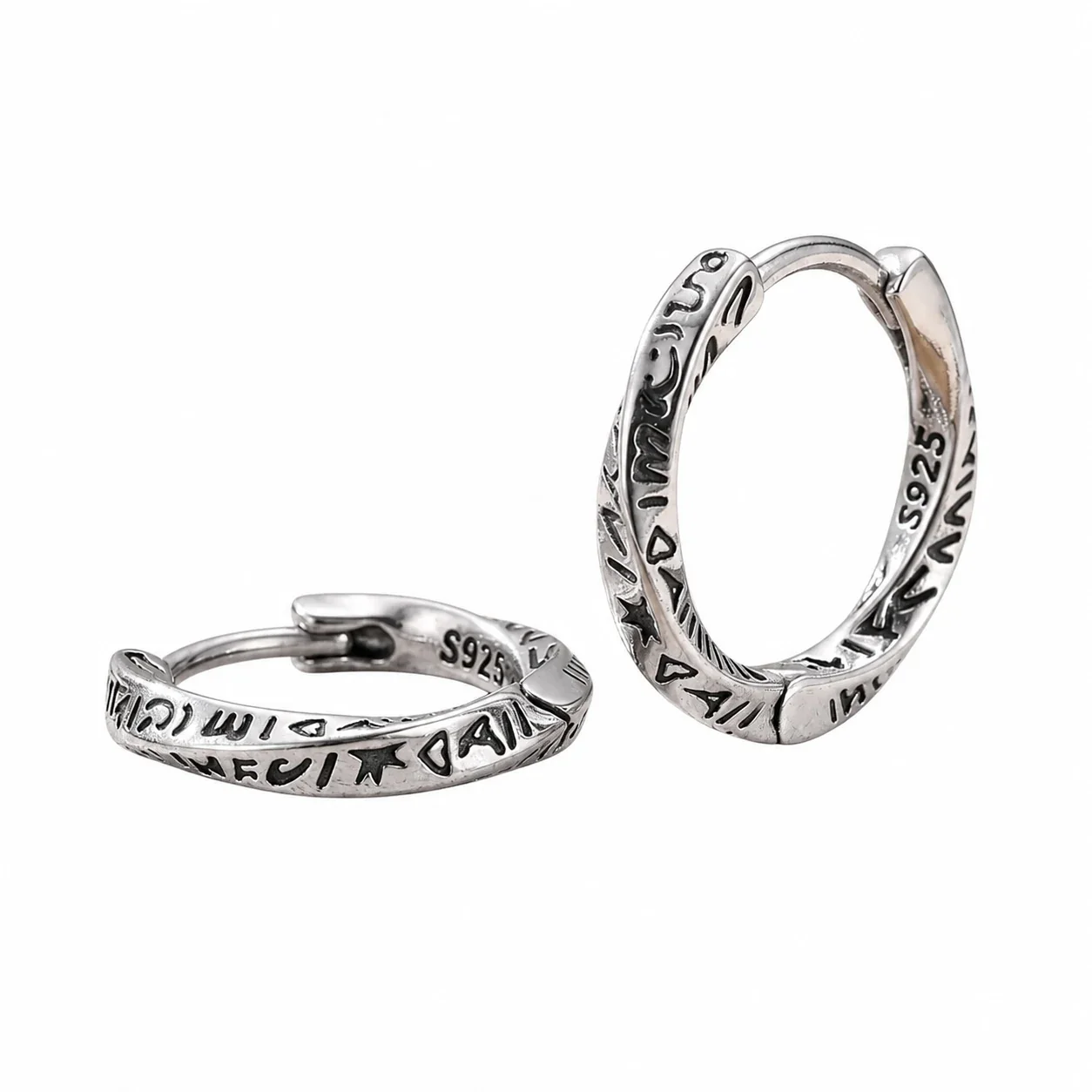 Engraved Electroplated 925 Sterling Silver Huggie Hoop Earrings - Silver