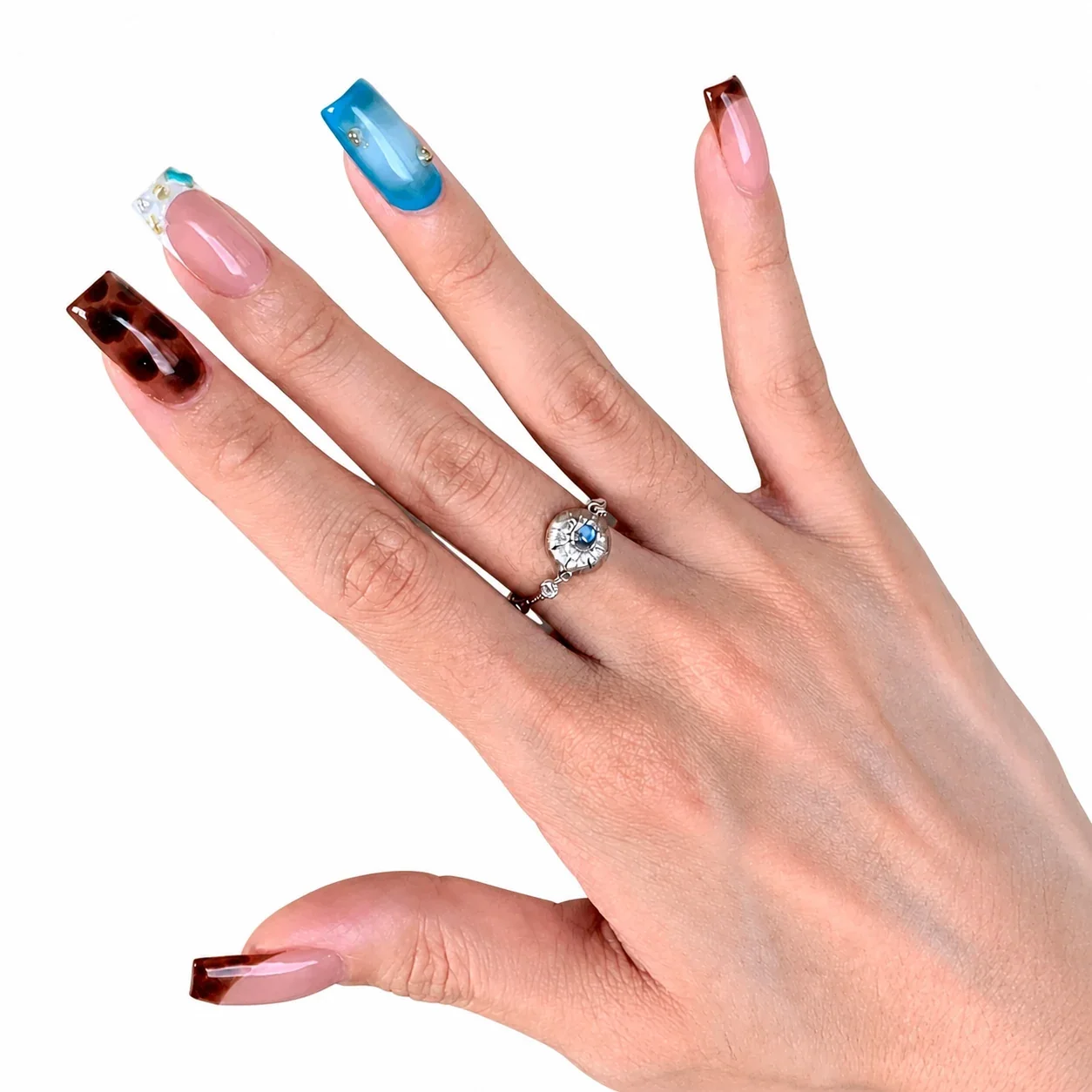 Lunar Silver-Plated Blue Crystal Medallion Copper Chain Ring