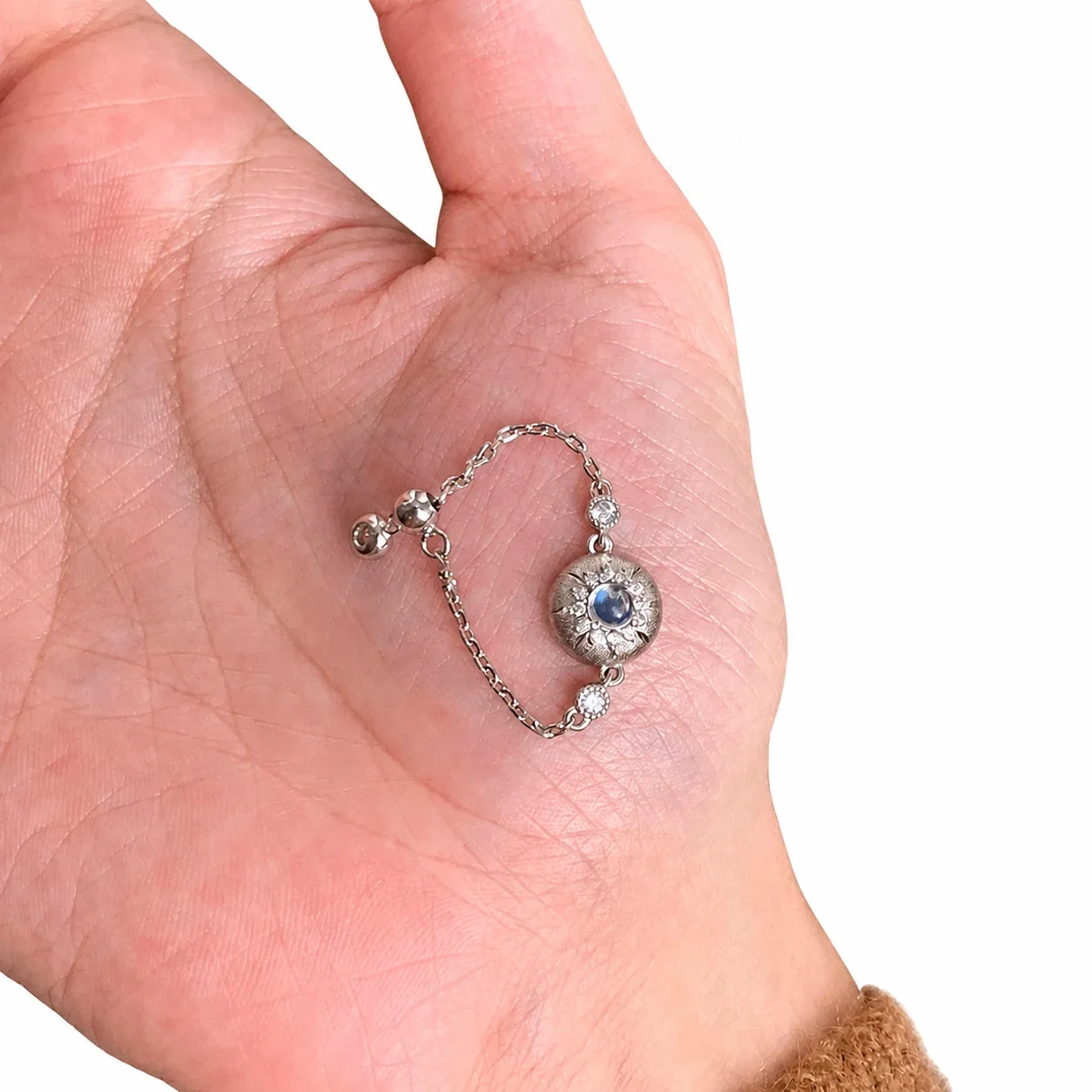 Lunar Silver-Plated Blue Crystal Medallion Copper Chain Ring