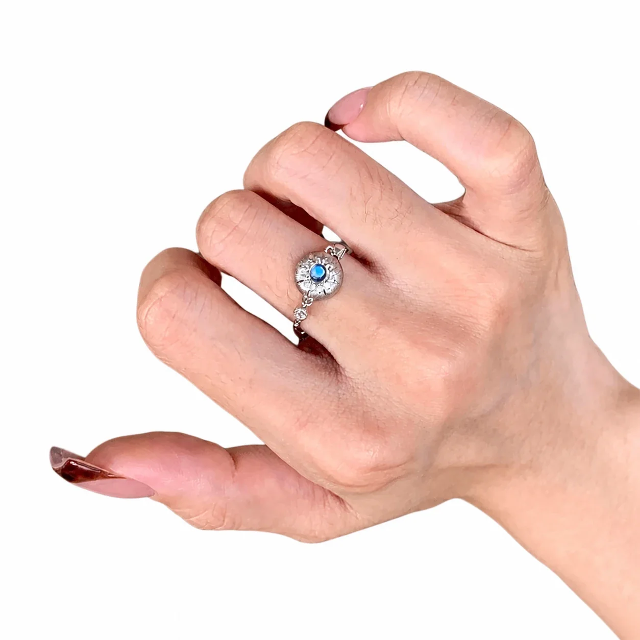 Lunar Silver-Plated Blue Crystal Medallion Copper Chain Ring