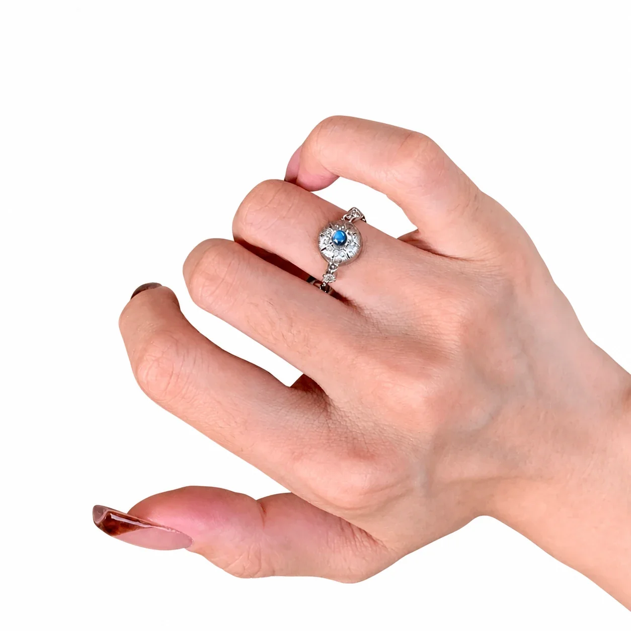 Lunar Silver-Plated Blue Crystal Medallion Copper Chain Ring