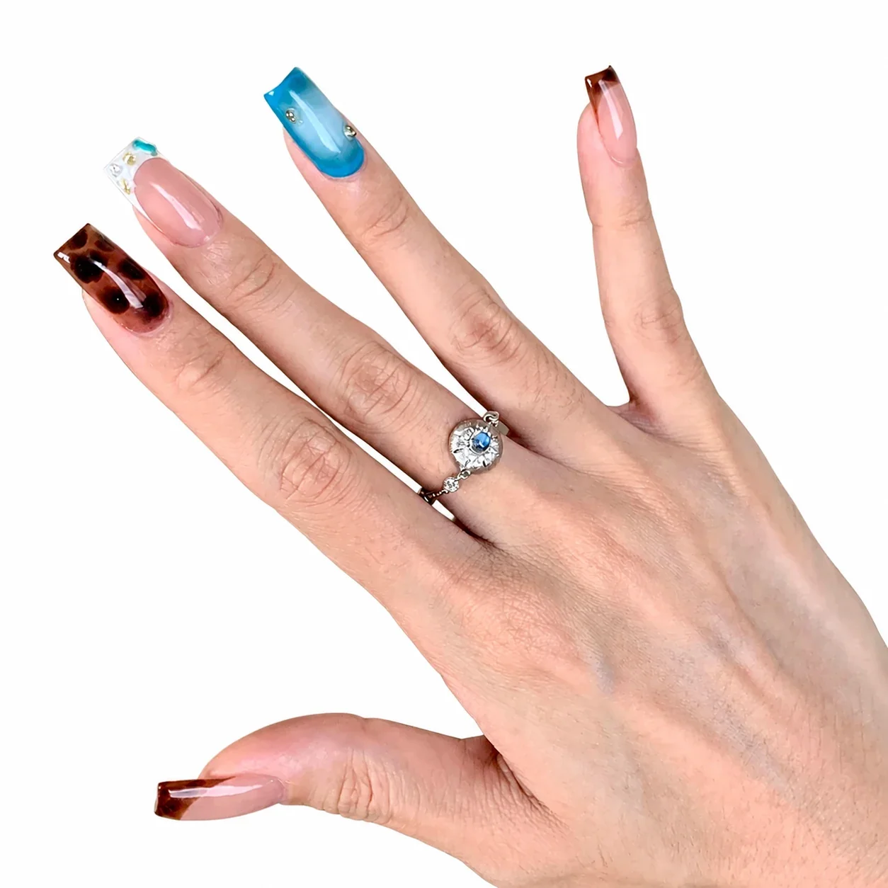 Lunar Silver-Plated Blue Crystal Medallion Copper Chain Ring