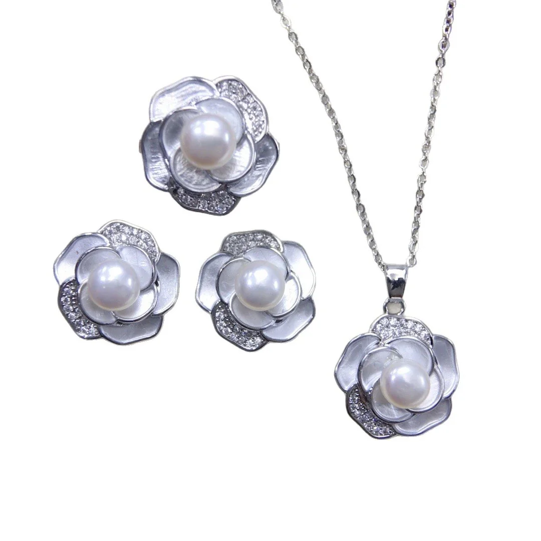 Camellia Petal Silver-Plated Freshwater Pearl Jewelry Set