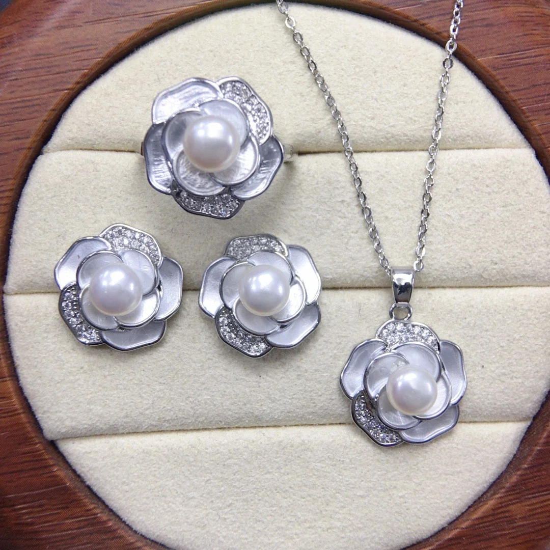 Camellia Petal Silver-Plated Freshwater Pearl Jewelry Set