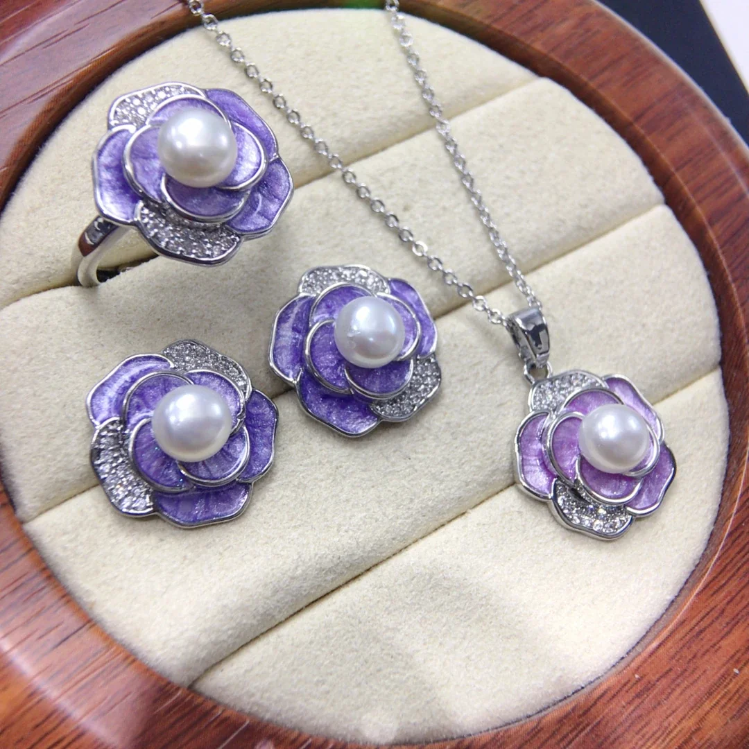 Camellia Petal Silver-Plated Freshwater Pearl Jewelry Set
