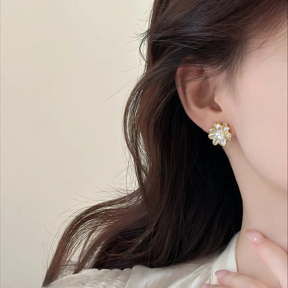 Dimensional Lotus Petal Freshwater Pearl Stud Earrings