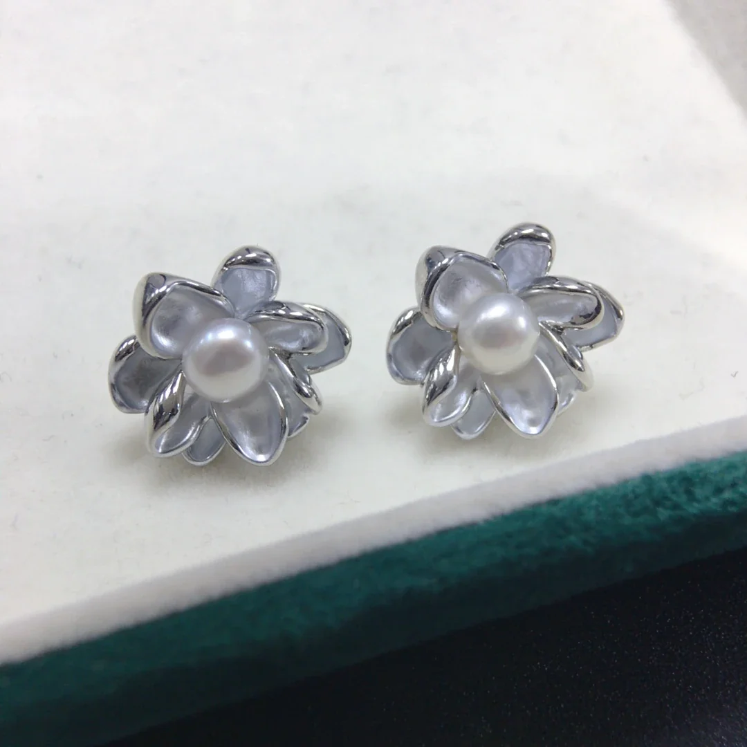 Dimensional Lotus Petal Freshwater Pearl Stud Earrings