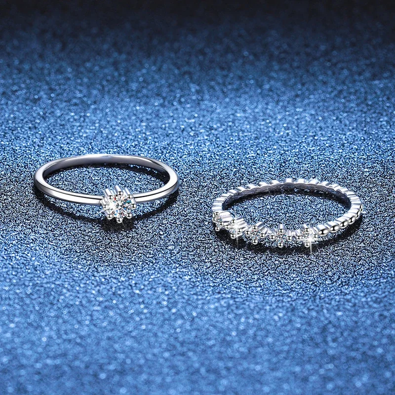 Delicate 925 Sterling Silver Round Moissanite Stacking Ring Set
