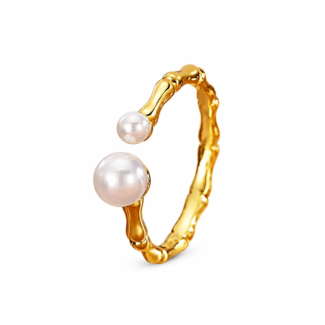 Sculptural 925 Sterling Silver Bamboo Dual Pearl Open Ring