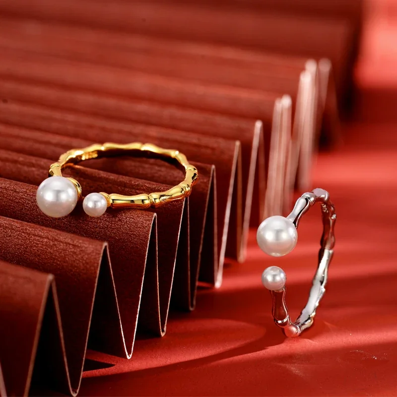 Sculptural 925 Sterling Silver Bamboo Dual Pearl Open Ring