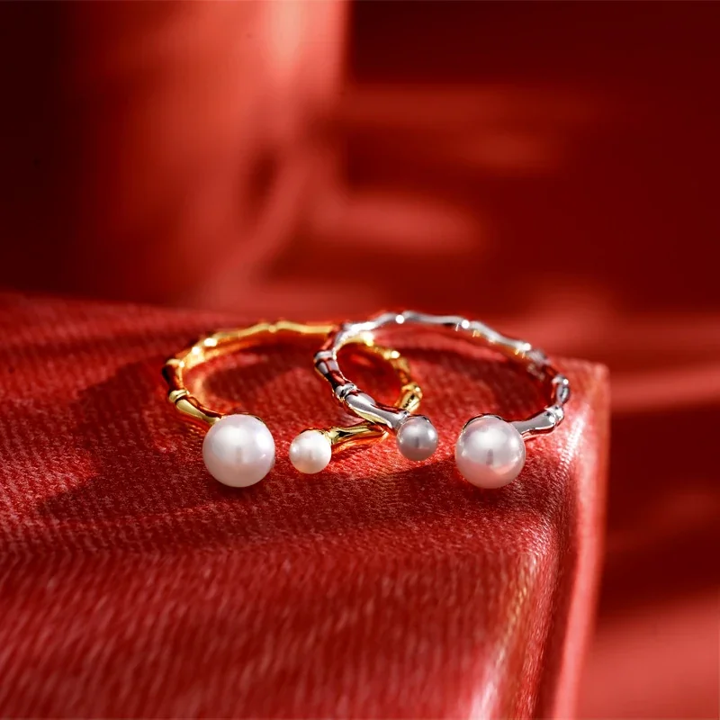 Sculptural 925 Sterling Silver Bamboo Dual Pearl Open Ring
