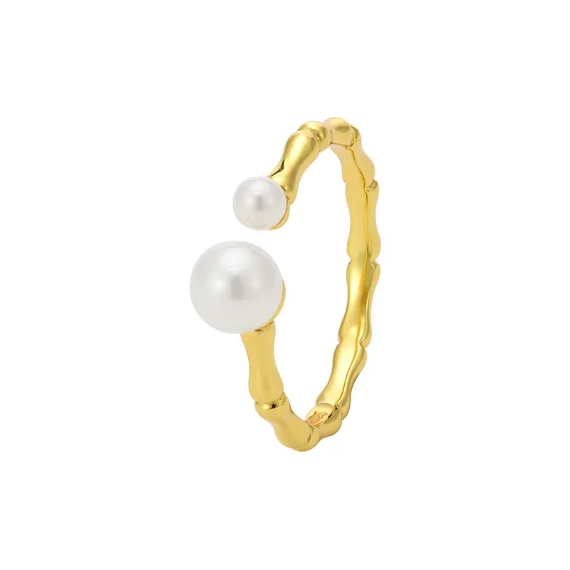 Sculptural 925 Sterling Silver Bamboo Dual Pearl Open Ring