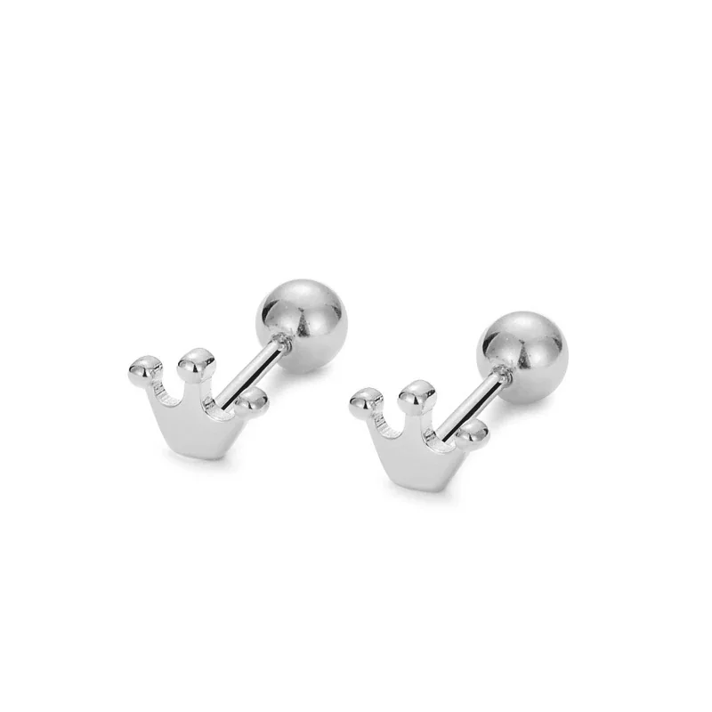 Petite 925 Sterling Silver Three-Point Crown Stud Earrings - Silver