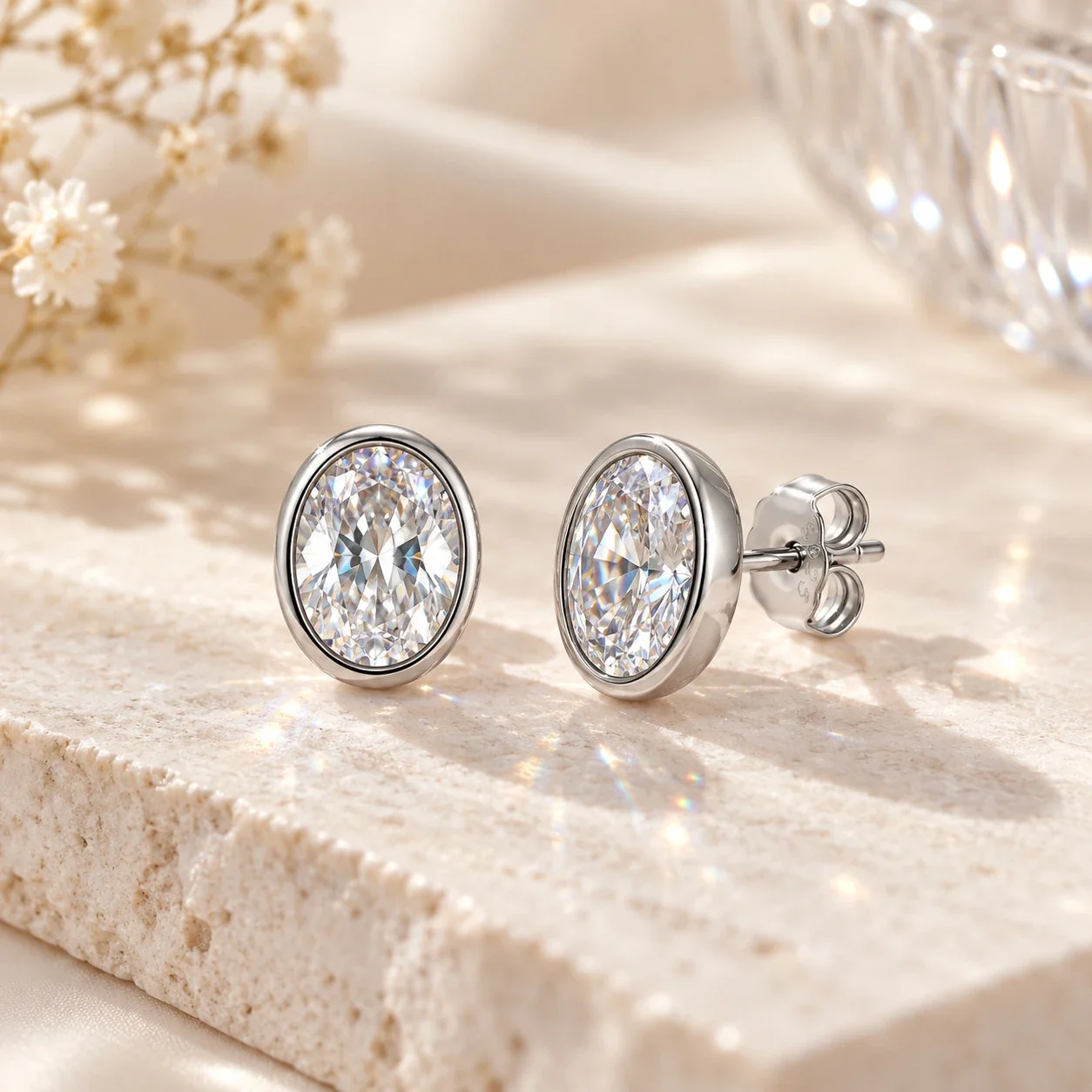 Sleek 925 Sterling Silver Oval Bezel-Set Stud Earrings