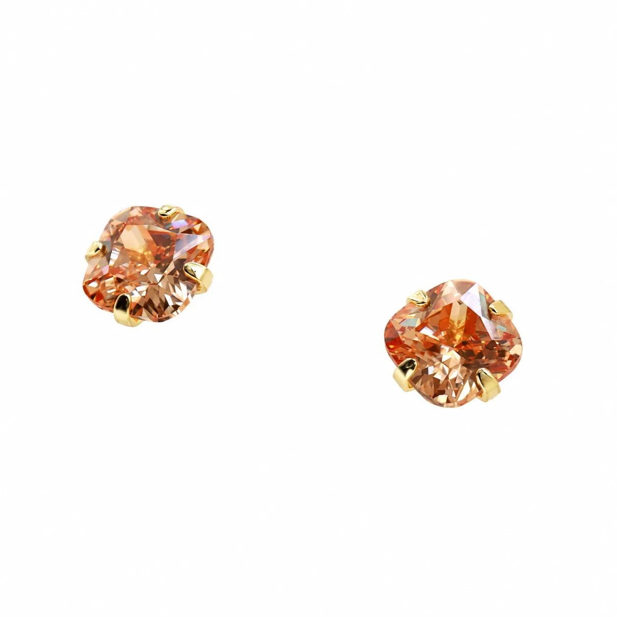 Champagne Cushion Four-Prong 925 Sterling Silver Stud Earrings - Gold