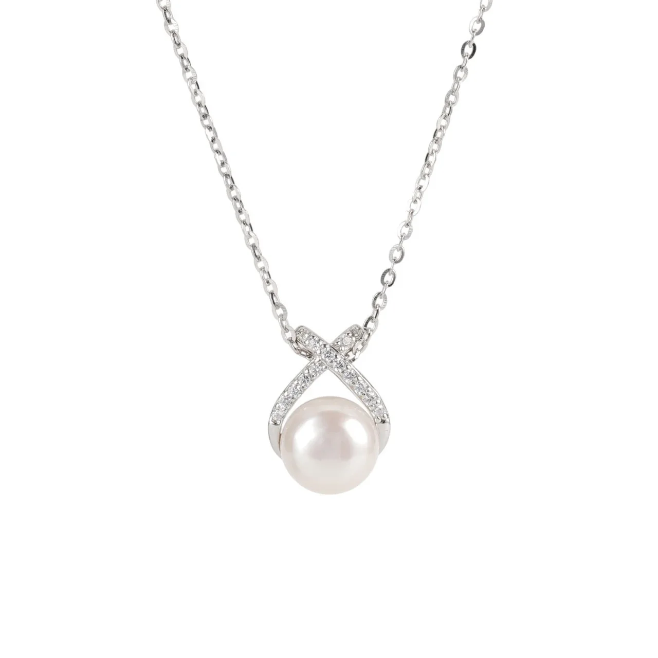 Luminous 925 Sterling Silver Crossed Pave Pearl Necklace