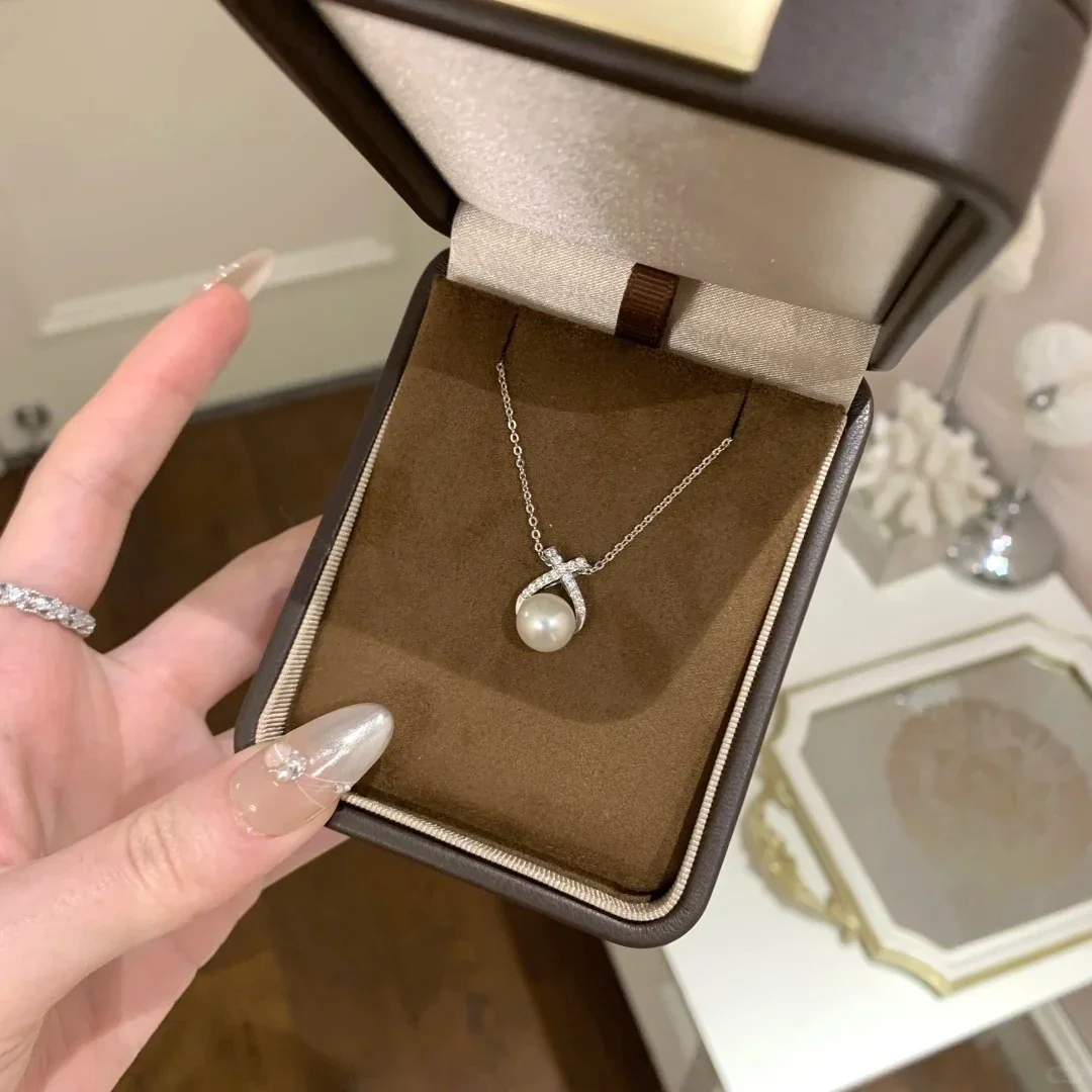 Luminous 925 Sterling Silver Crossed Pave Pearl Necklace