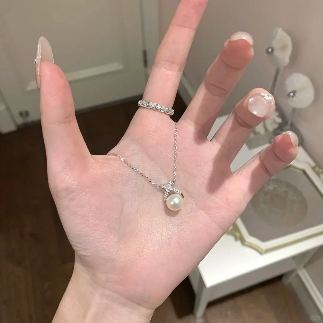 Luminous 925 Sterling Silver Crossed Pave Pearl Necklace
