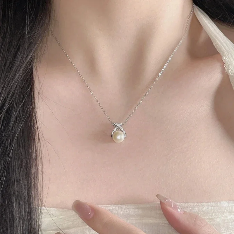 Luminous 925 Sterling Silver Crossed Pave Pearl Necklace