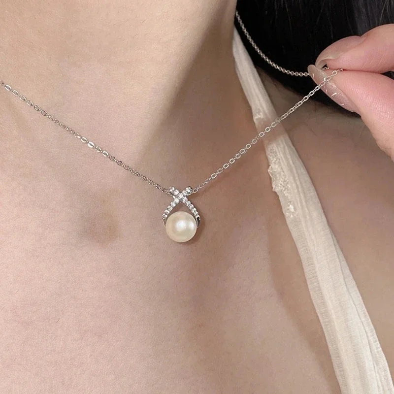 Luminous 925 Sterling Silver Crossed Pave Pearl Necklace