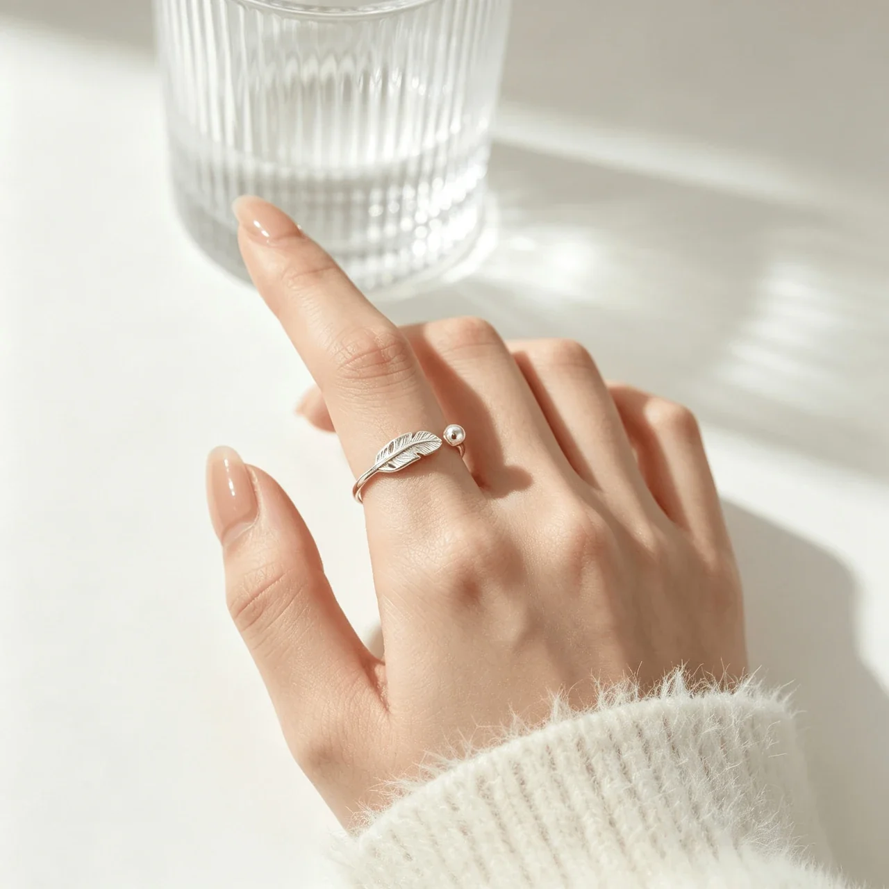 Delicate Electroplated Feather Open-Front 925 Sterling Silver Ring