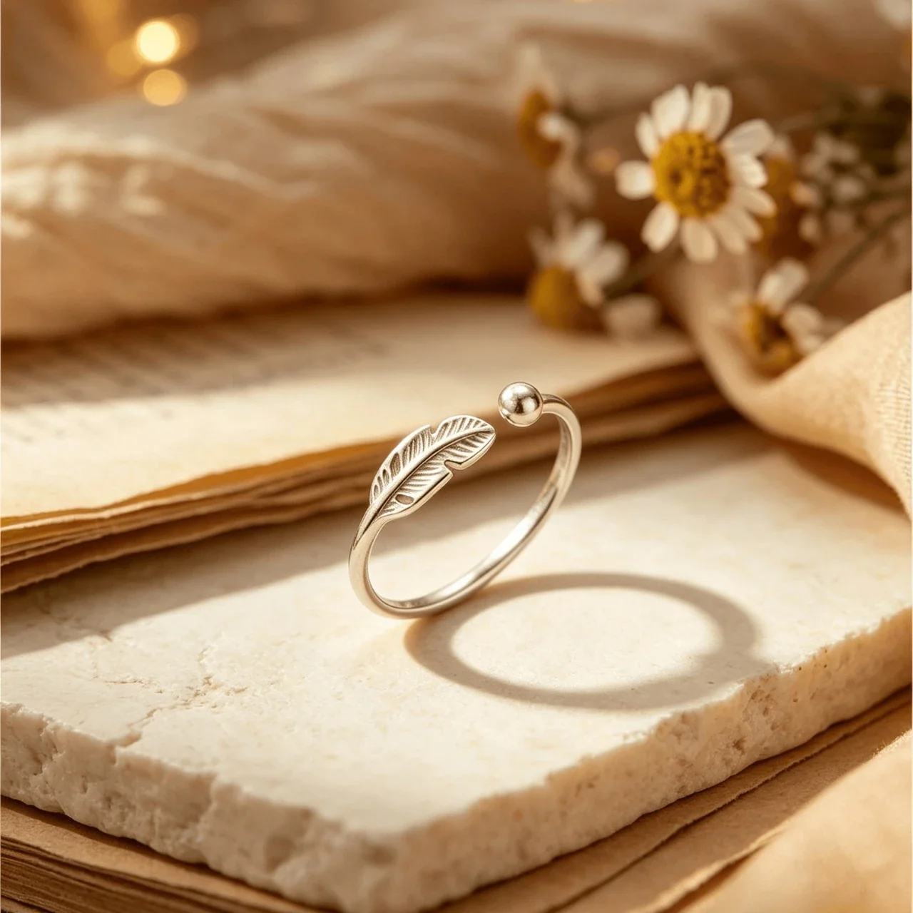 Delicate Electroplated Feather Open-Front 925 Sterling Silver Ring
