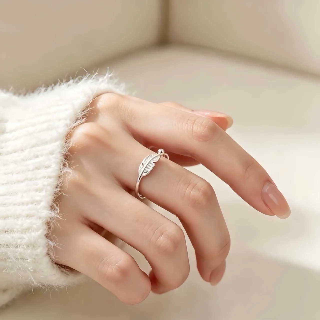 Delicate Electroplated Feather Open-Front 925 Sterling Silver Ring