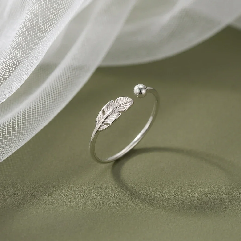 Delicate Electroplated Feather Open-Front 925 Sterling Silver Ring - Silver
