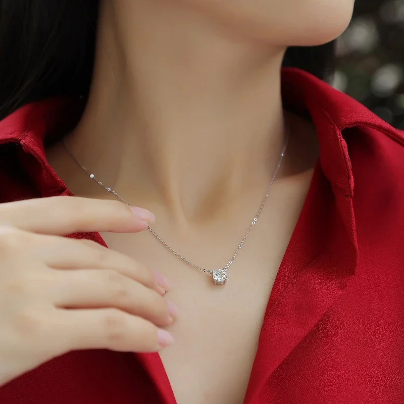 Refined Four-Prong Round Moissanite 925 Sterling Silver Necklace